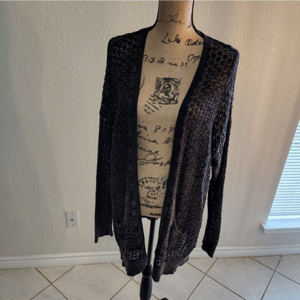 LA HEARTS open weave charcoal 100% COTTON long cardigan sweater size XS